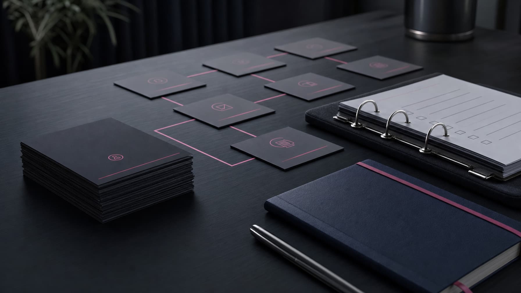 SOP cards and workflow stages arranged for a coaching business