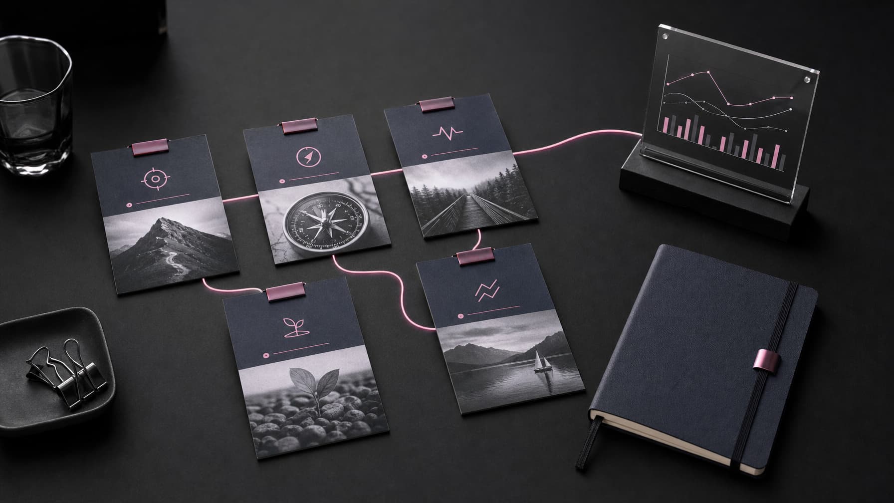 Connected coaching business system cards arranged on a dark workspace