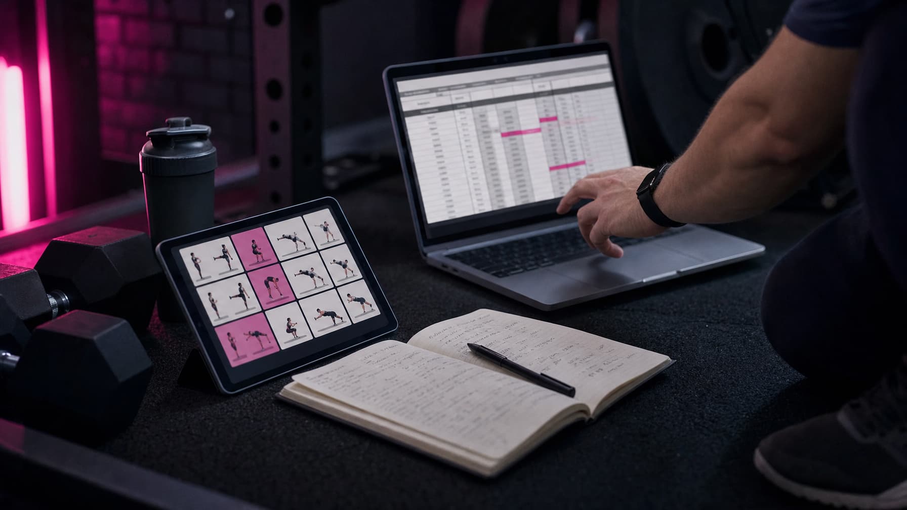 Coach comparing exercise programming tools with a spreadsheet