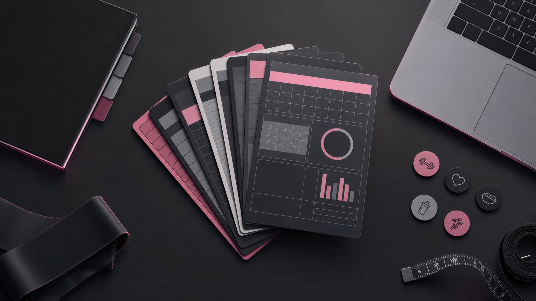 Modular fitness coaching template kit arranged beside a laptop