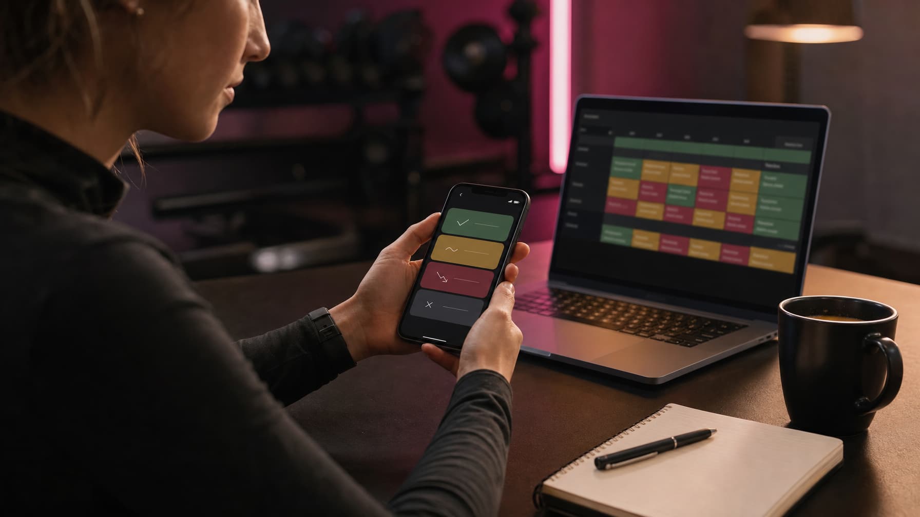 Fitness coach reviewing automated client check-ins on a phone and laptop