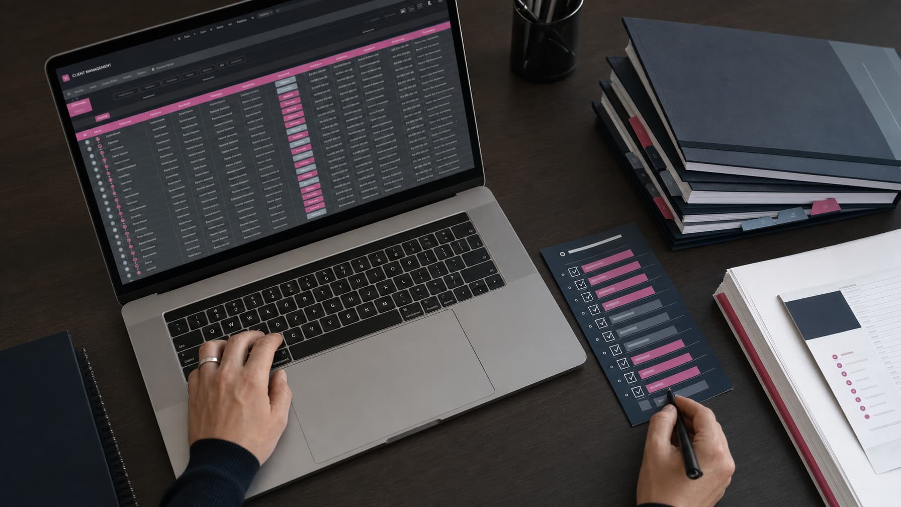 Coach organising a client roster and onboarding checklist