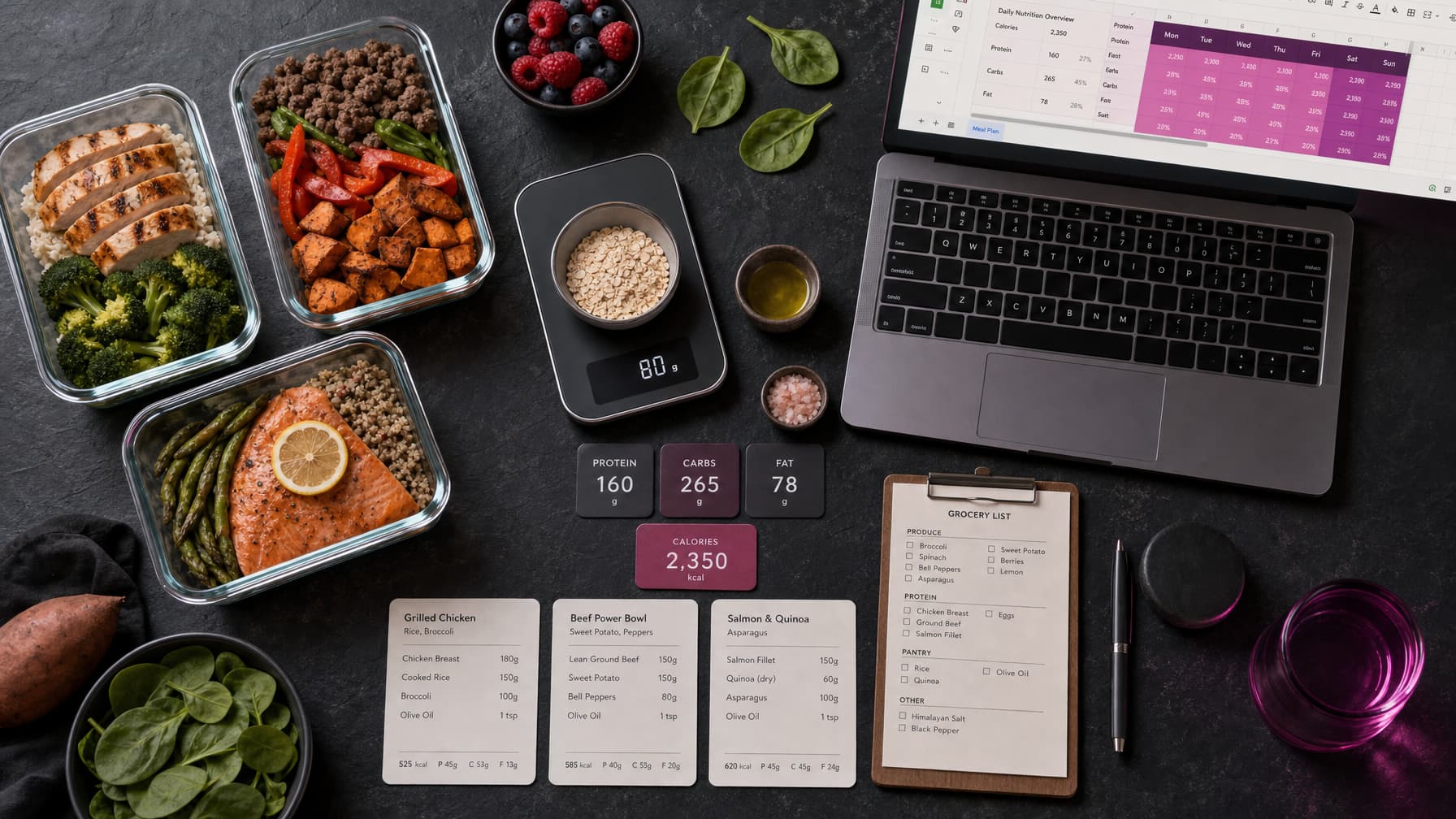 Meal-prep ingredients arranged beside a nutrition planning spreadsheet