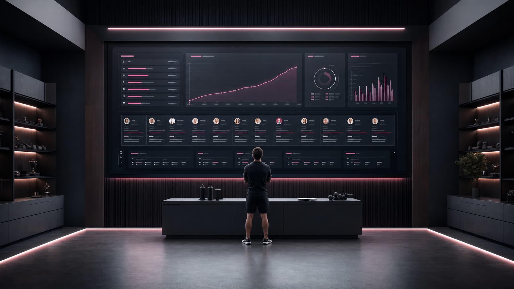Coach standing in front of a scalable client operations dashboard